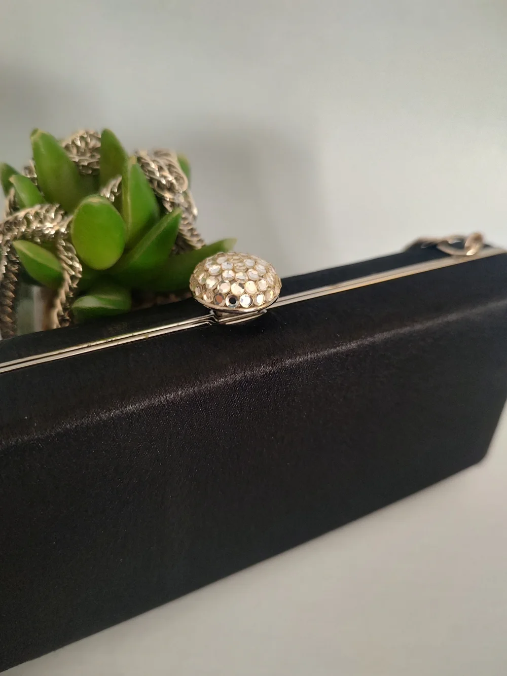 Black Satin Evening Clutch with Jewel Accent